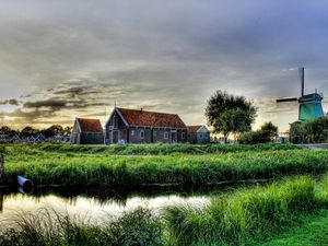 Preview wallpaper village, farm, mill, river, grass, structures, houses