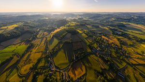 Preview wallpaper village, field, aerial view, roads, trees