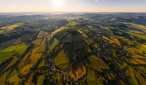 Preview wallpaper village, field, aerial view, roads, trees