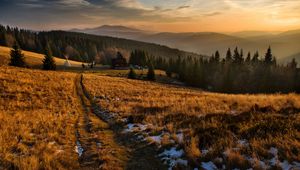 Preview wallpaper village, field, poland, mountains, grass, snow