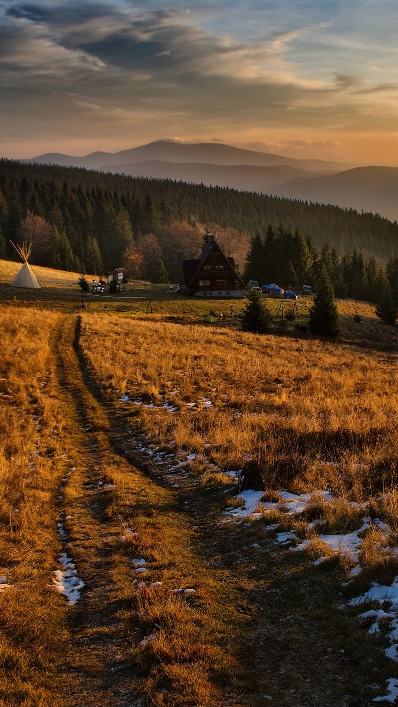 Download wallpaper 800x1420 village, field, poland, mountains, grass, snow  iphone se/5s/5c/5 for parallax hd background