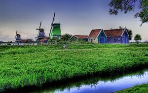 Preview wallpaper village, herbs, mill, sky, hdr