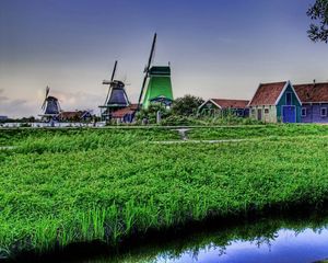 Preview wallpaper village, herbs, mill, sky, hdr