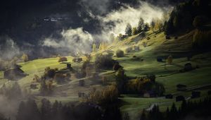 Preview wallpaper village, hills, fog, twilight