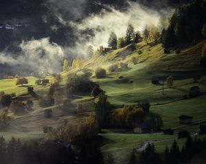 Preview wallpaper village, hills, fog, twilight