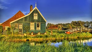 Preview wallpaper village, house, bridge, river, grass, sky, summer, hdr