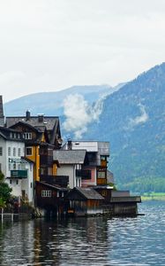 Preview wallpaper village, houses, lake, mountains, landscape