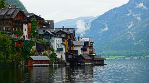Preview wallpaper village, houses, lake, mountains, landscape