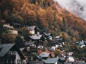 Preview wallpaper village, houses, mountain, slope, trees