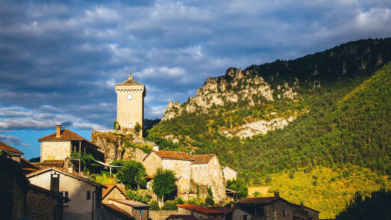 Wallpaper village, houses, mountains, trees, clouds, green, blue