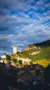 Preview wallpaper village, houses, mountains, trees, clouds, green, blue