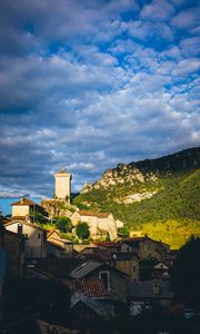 Preview wallpaper village, houses, mountains, trees, clouds, green, blue