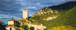 Preview wallpaper village, houses, mountains, trees, clouds, green, blue