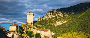 Preview wallpaper village, houses, mountains, trees, clouds, green, blue