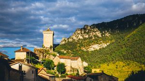 Preview wallpaper village, houses, mountains, trees, clouds, green, blue