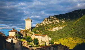 Preview wallpaper village, houses, mountains, trees, clouds, green, blue