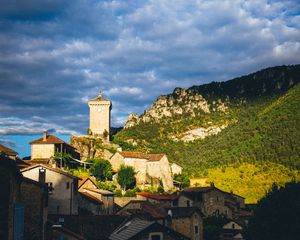 Preview wallpaper village, houses, mountains, trees, clouds, green, blue