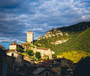 Preview wallpaper village, houses, mountains, trees, clouds, green, blue