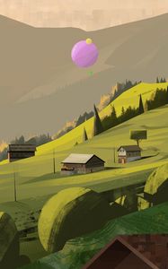 Preview wallpaper village, houses, trees, slope, mountains, art
