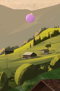 Preview wallpaper village, houses, trees, slope, mountains, art