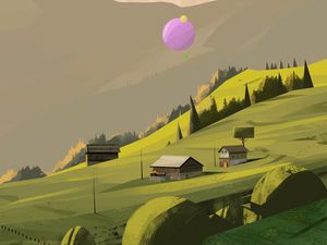 Preview wallpaper village, houses, trees, slope, mountains, art