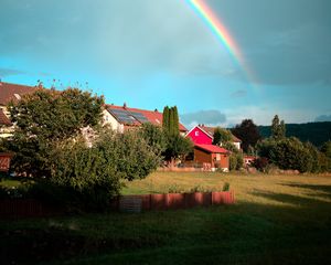 Preview wallpaper village, houses, trees, rainbow, nature