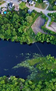 Preview wallpaper village, houses, trees, river, aerial view