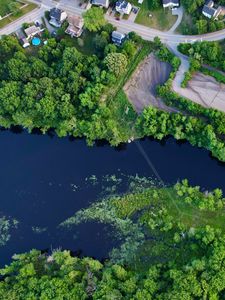 Preview wallpaper village, houses, trees, river, aerial view