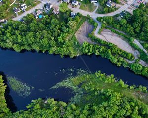 Preview wallpaper village, houses, trees, river, aerial view