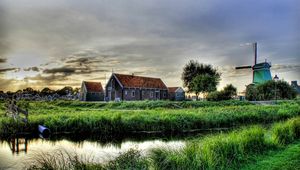 Preview wallpaper village, mill, house, grass, lake, hdr