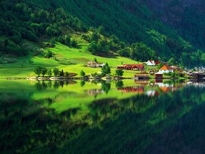 Preview wallpaper village, mountain, bottom, lake, home, summer, reflection, protected