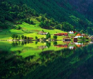 Preview wallpaper village, mountain, bottom, lake, home, summer, reflection, protected