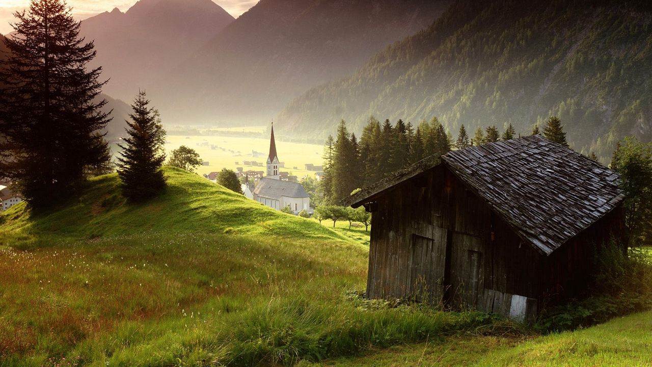 Wallpaper village, mountains, meadows, houses