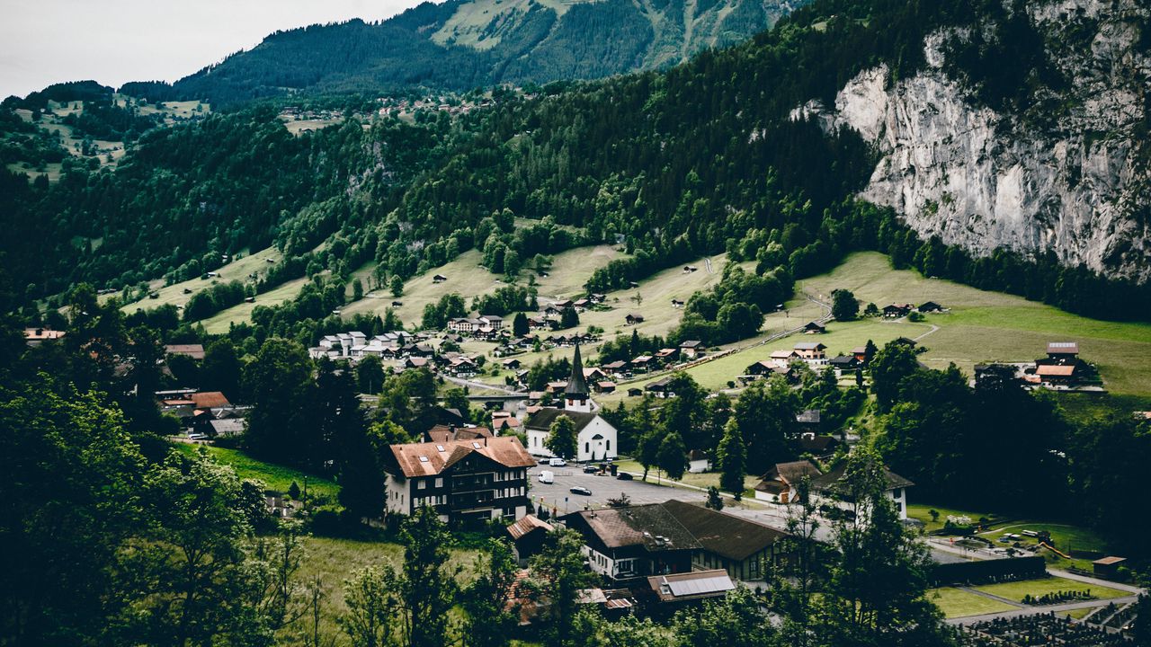 Wallpaper village, mountains, view from above, lauterbrunnen, switzerland