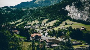 Preview wallpaper village, mountains, view from above, lauterbrunnen, switzerland