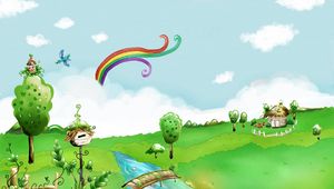 Preview wallpaper village, nature, house, river, rainbow