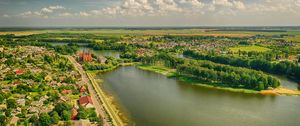Preview wallpaper village, river, aerial view, overview