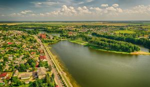 Preview wallpaper village, river, aerial view, overview