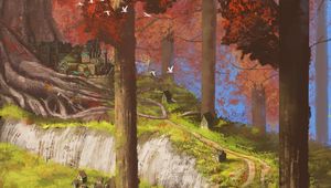 Preview wallpaper village, river, forest, paints, canvas, art