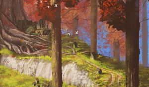 Preview wallpaper village, river, forest, paints, canvas, art