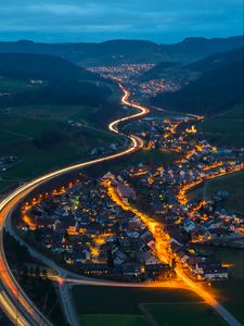 Preview wallpaper village, road, aerial view, night, mountains, switzerland