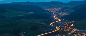Preview wallpaper village, road, aerial view, night, mountains, switzerland