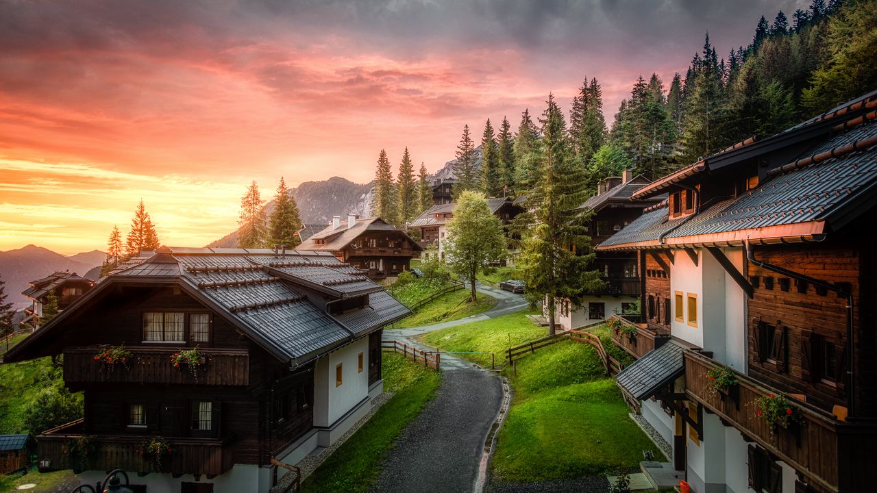 Wallpaper village, road, buildings, mountains, sunset