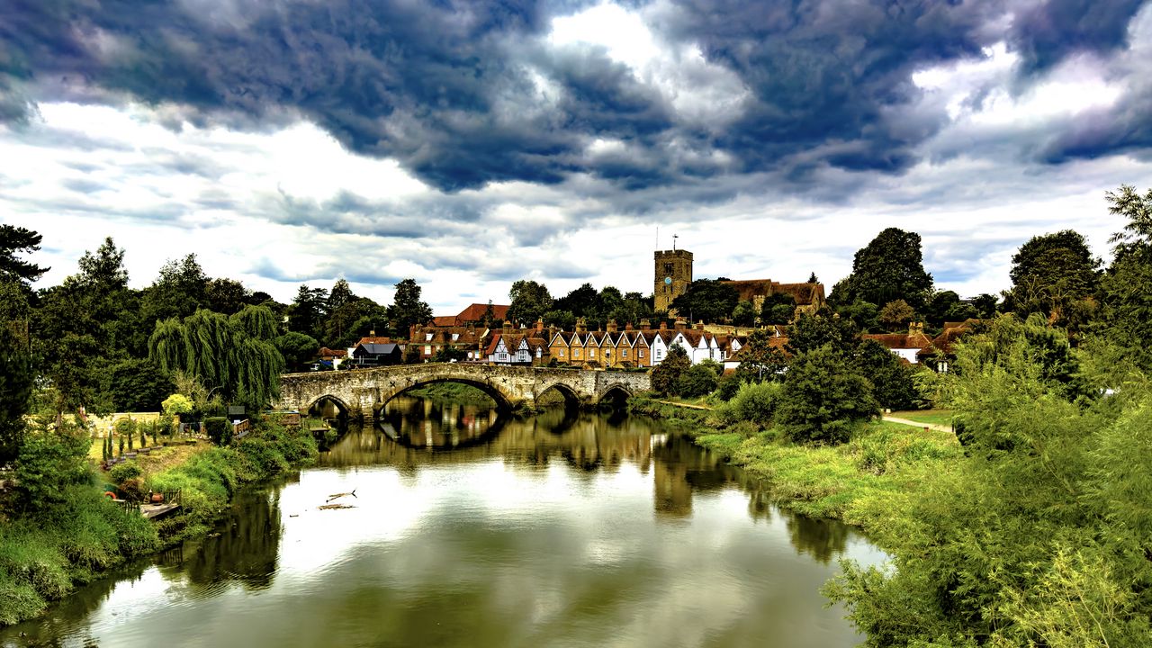 Wallpaper village, tower, houses, pond