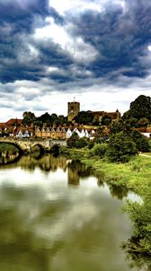 Preview wallpaper village, tower, houses, pond