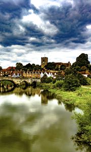 Preview wallpaper village, tower, houses, pond