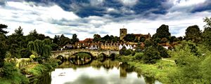 Preview wallpaper village, tower, houses, pond