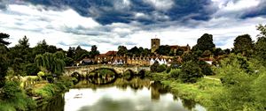 Preview wallpaper village, tower, houses, pond