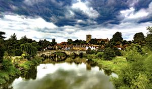 Preview wallpaper village, tower, houses, pond