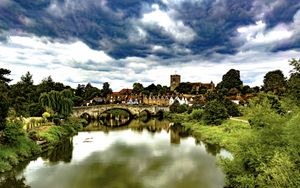 Preview wallpaper village, tower, houses, pond